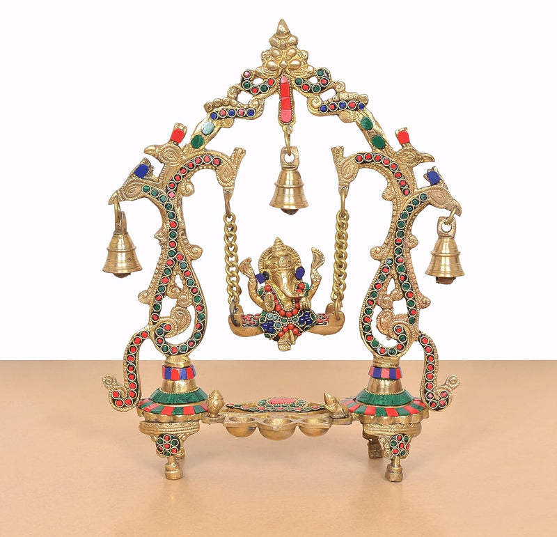 Brass Ganesha Playing On Swing Idol (Height 14 Inch) (Multicolor 1)