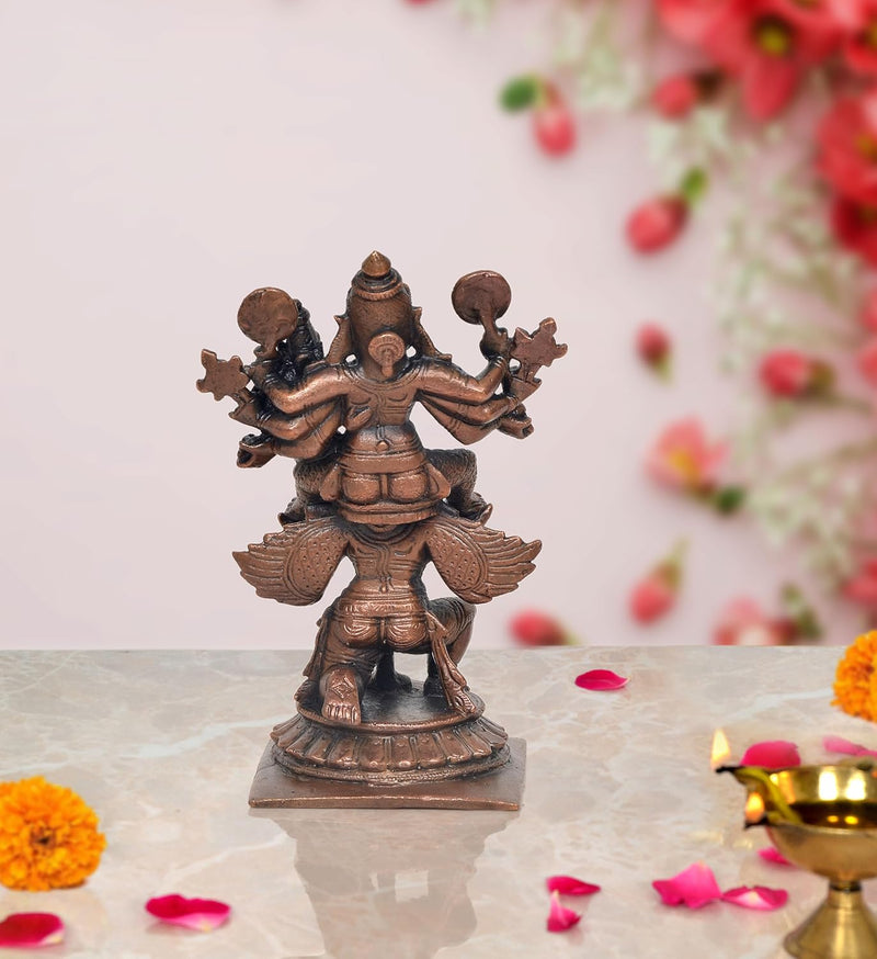 Copper Laxmi Narasimha Swamy on Garuda Laxmi Narashimar Statue for Home, Mandir Pooja Decor Idol (Height: 5 Inch)