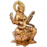 Brass Saraswati statue, seated with veena across lap, ornate crown