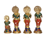 Brass Ram Darbar statue idol, back views of four jeweled figures with colorful outfits