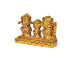 Brass three-deity statue set with tall figures and carved base, side angle
