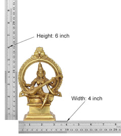 Brass Saraswati statue size: 6 in height, 4 in width, with measurement markings