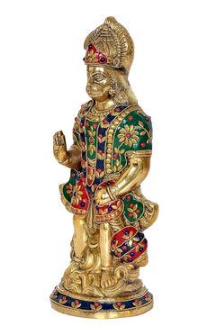 Brass Hanuman idol in profile, colorful inlay garlands and blessing hand
