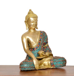 Seated brass Buddha statue with Dhyan mudra hands, turquoise and red jeweled robe
