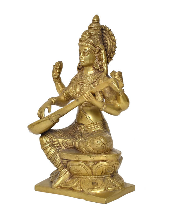 Brass Maa Saraswati Statue Handcrafted Hindu Goddess Saraswati Idol for Home Decor and Pooja Statue (Height 12 Inch) Study Setting