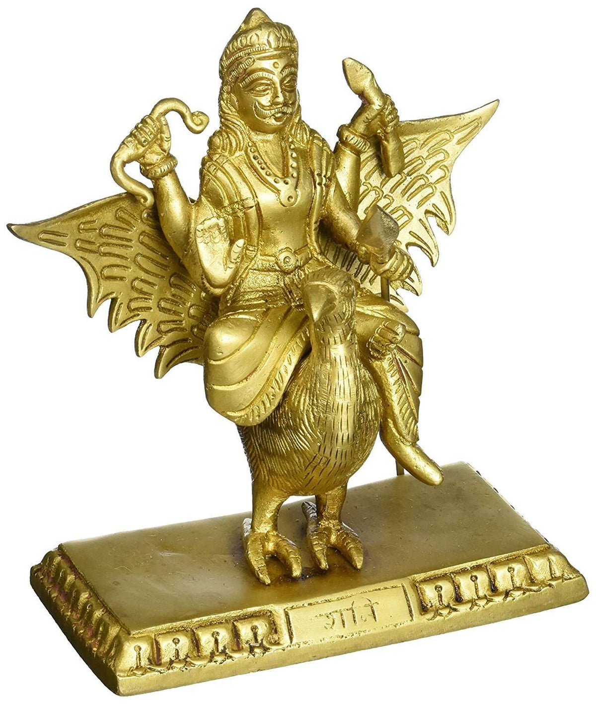 Brass Shani Dev idol, golden finish, standing with wide wings and raised hand