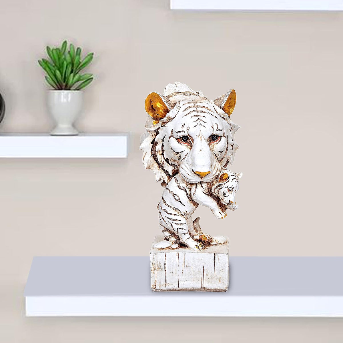 Resin lion head with cub figurine, white and brown, on square base, 9 in tall