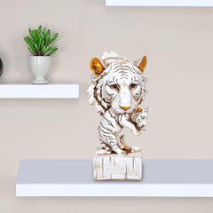 Resin lion head with cub figurine, white and brown, on square base, 9 in tall
