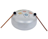 Silver steel happy drum with two mallets and colored spiral note inlays