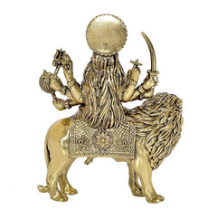 Messing-Durga-Statue Rückansicht auf Löwe, strukturierte Gewänder und Ornamente
