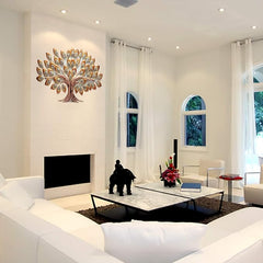 Gold-tone iron tree showpiece with leaf clusters and crystal inlays for wall
