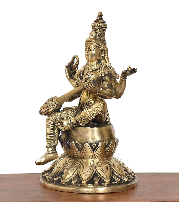 Brass Maa Saraswati Statue Handcrafted Hindu Goddess Saraswati Idol for Home Decor and Pooja Statue (Height 10 Inch) Study Setting