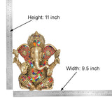 Ganesha idol height 11 inch and width 9.5 inch, colorful seated design on brass base