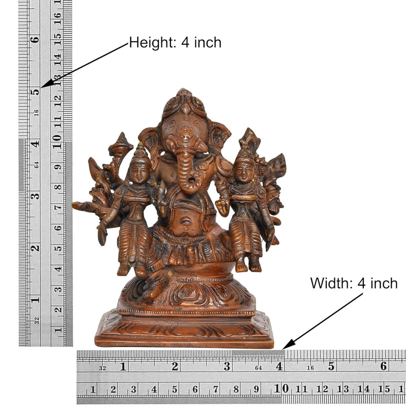 Brass Ganesha with Riddhi and Siddhi Idol - Hindu Deity Statue for Home Temple (Height : 5 inch)