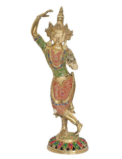 Tara Devi brass standing statue in gold with green, red, blue enamel detailing