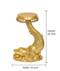 Brass fish side table dimensions: 20 in height, 13 in width, round top