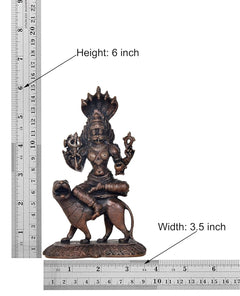 Pratyangira Devi copper statue, height 6 inch, seated on bull with ornate base