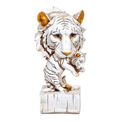 Lion head and cub resin showpiece with gold-brown details, white finish, square base