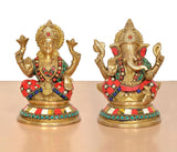 Brass Lakshmi Ganesh statue pair, front view, multicolor beaded trim around the pedestal