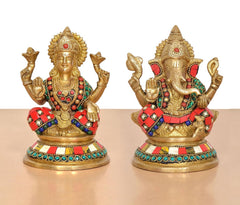 Brass Lakshmi Ganesh statue pair, front view, multicolor beaded trim around the pedestal