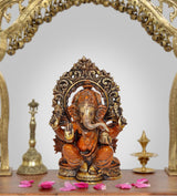 Estatua de Ganesh en trono, bronce dorado, sentado con manos levantadas