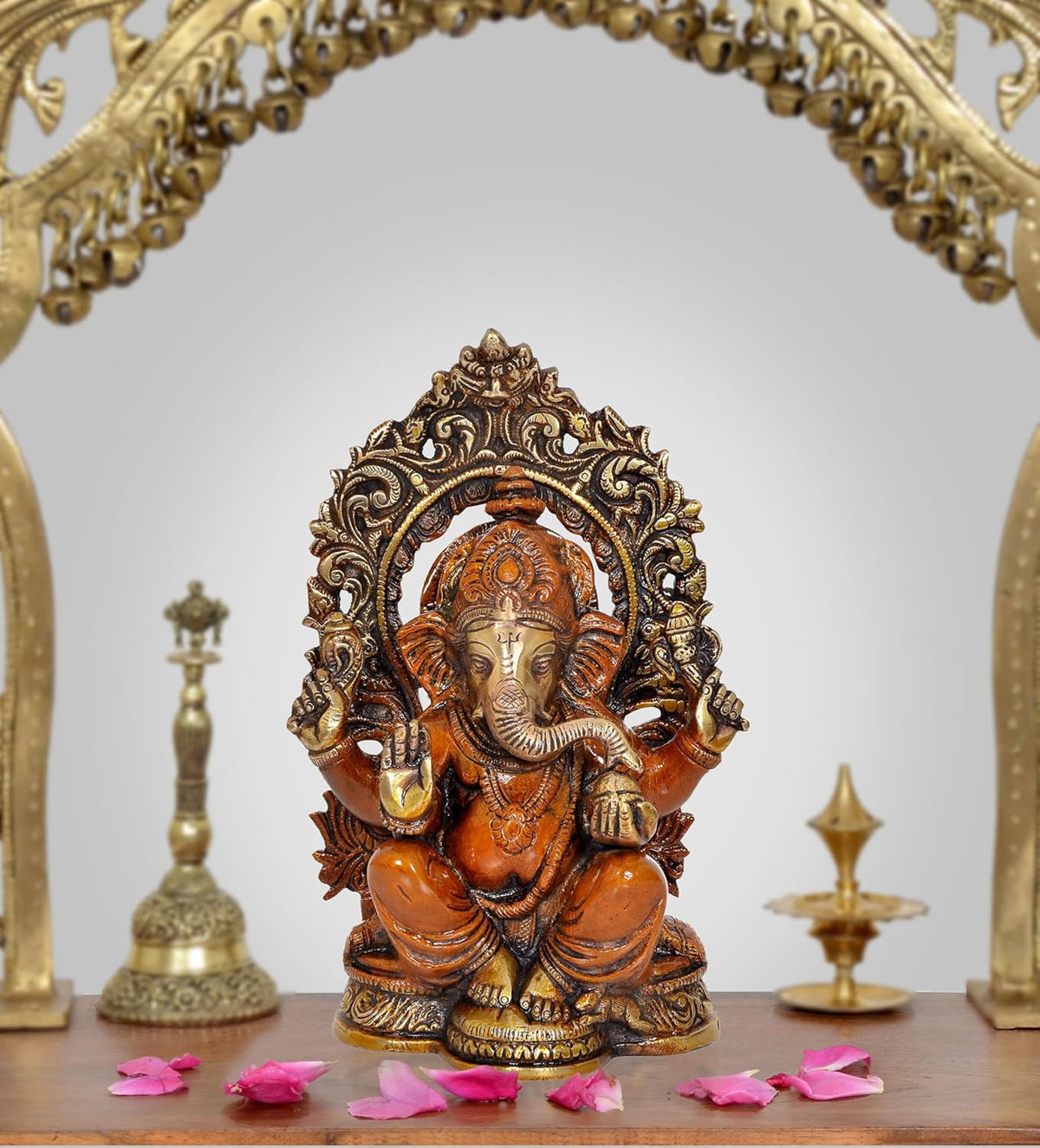 Estatua de Ganesh en trono, bronce dorado, sentado con manos levantadas