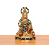 Brass Hanuman Ji sitting murti, multicolor jeweled crown and chest detailing