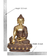 Brass Buddha statue with height 12.5 in and width 9 in, seated in dhyan mudra