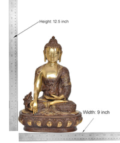 Brass Buddha statue with height 12.5 in and width 9 in, seated in dhyan mudra
