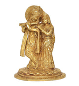 Radha Krishna brass idol, close embrace pose with ornate crowns and decorative halos