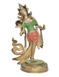 Brass Tara Devi statue rear/side view with green-and-red robe details and lotus-shaped ornament
