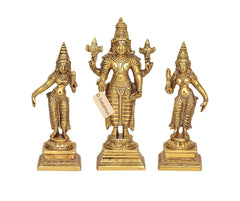 Vishnu with Bhudevi & Sridevi brass statue set, centered figure with two side figures