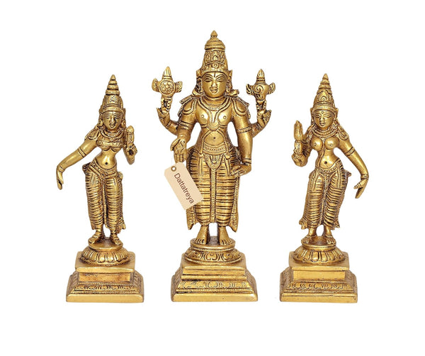 Brass Standing Vishnu with Bhudevi & Sridevi Murti (Height 6 Inch) Study Setting
