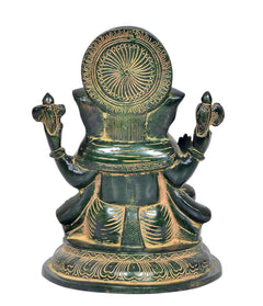 Lord Ganesha brass statue, back view, textured halo and draped torso, seated on pedestal