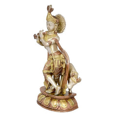 Krishna Murlidhar brass statue with gold detailing, flute raised, side view