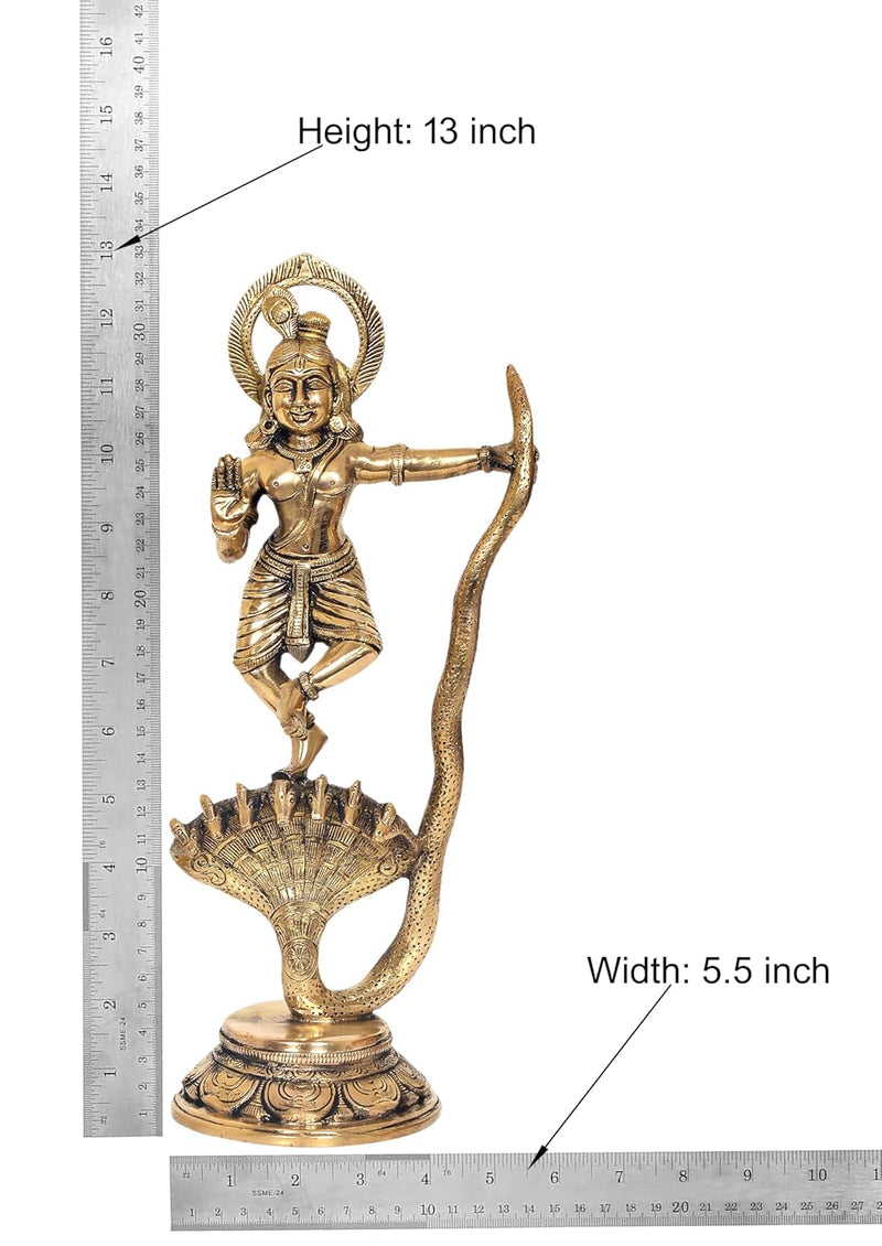 Brass Krishna Bhagwan Murti Dancing on Kaliya Naag - Religious Statue for Home Temple Pooja Mandir Decor (Height 13 Inch)