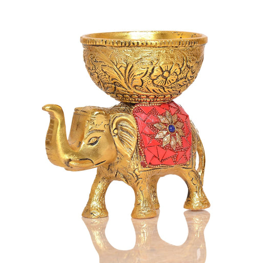 Metal Elephant Dry Fruit Bowl Showpiece Gold Polish for Home Decor Room Table & Gift Diwali,Raksha Bandhan Pack of 1 (Height 5 Inch) (Multicolor RED Stone)