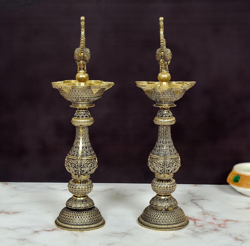 Bronze Peacock On Oil Lamp - Pack of 2 | (Height 8 Inch)