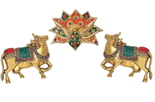 Brass Kamdhenu Cow with Lotus Flower Wall Hanging for Home Decor and Ofice Wall Decor Vastu Pooja Figurine | Pack of 3| (Height:5 inch) (Multicolor Kamdhenu Cow with Lotus Flower)