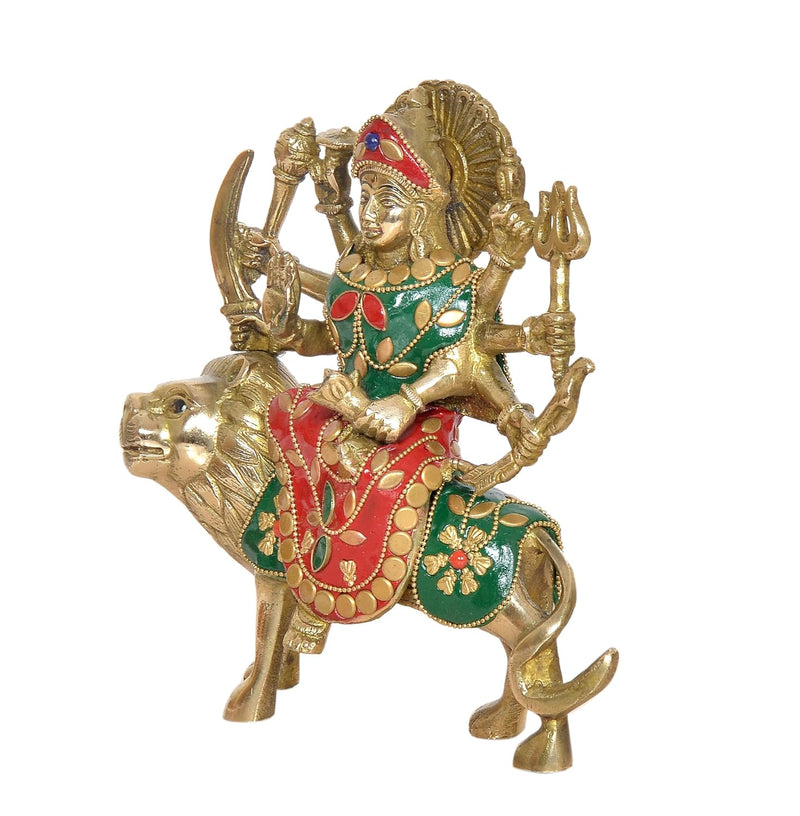 Brass Durga Maa with Lion Idol Hindu Goddess Sherawali MATA Murti MATA Rani Statue Figurine Home Temple (Height: 7 Inch)