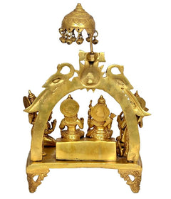Brass Ram Darbar idol from front view with chhatra arch over the seated figures