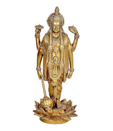 Gold-tone brass Vishnu standing figure with lotus base and raised hands