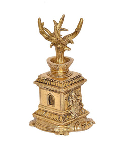Brass Tulsi plant idol back view, ornate pedestal base with tortoise-like shape