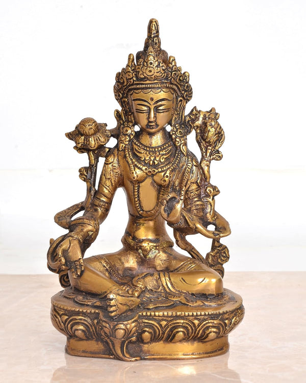 Brass Tara Devi Statue - Green Tara for Worship, Meditation Spaces, for Home Decor and Office, or as a Thoughtful Spiritual Gift. Height 8 Inch