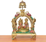 Brass Ram Darbar murti from front, three figures seated under sun-peacock chhatra
