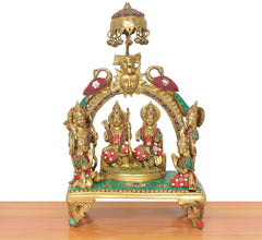Brass Ram Darbar murti from front, three figures seated under sun-peacock chhatra