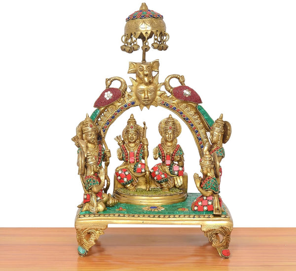 Brass Ram Darbar Murti Chtra On Top with Sun Peacock and Singhashan (Height: 17 inch) Study Setting