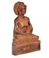 Brass Buddha statue, seated posture with halo and detailed torso; front-side view.