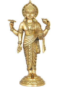 Brass Dhanvantari statue, raised hands, 15 in tall, ornate gold detailing