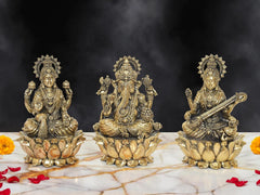 Brass Lakshmi, Ganesha, Saraswati idol set, 6 inch, seated on lotus bases